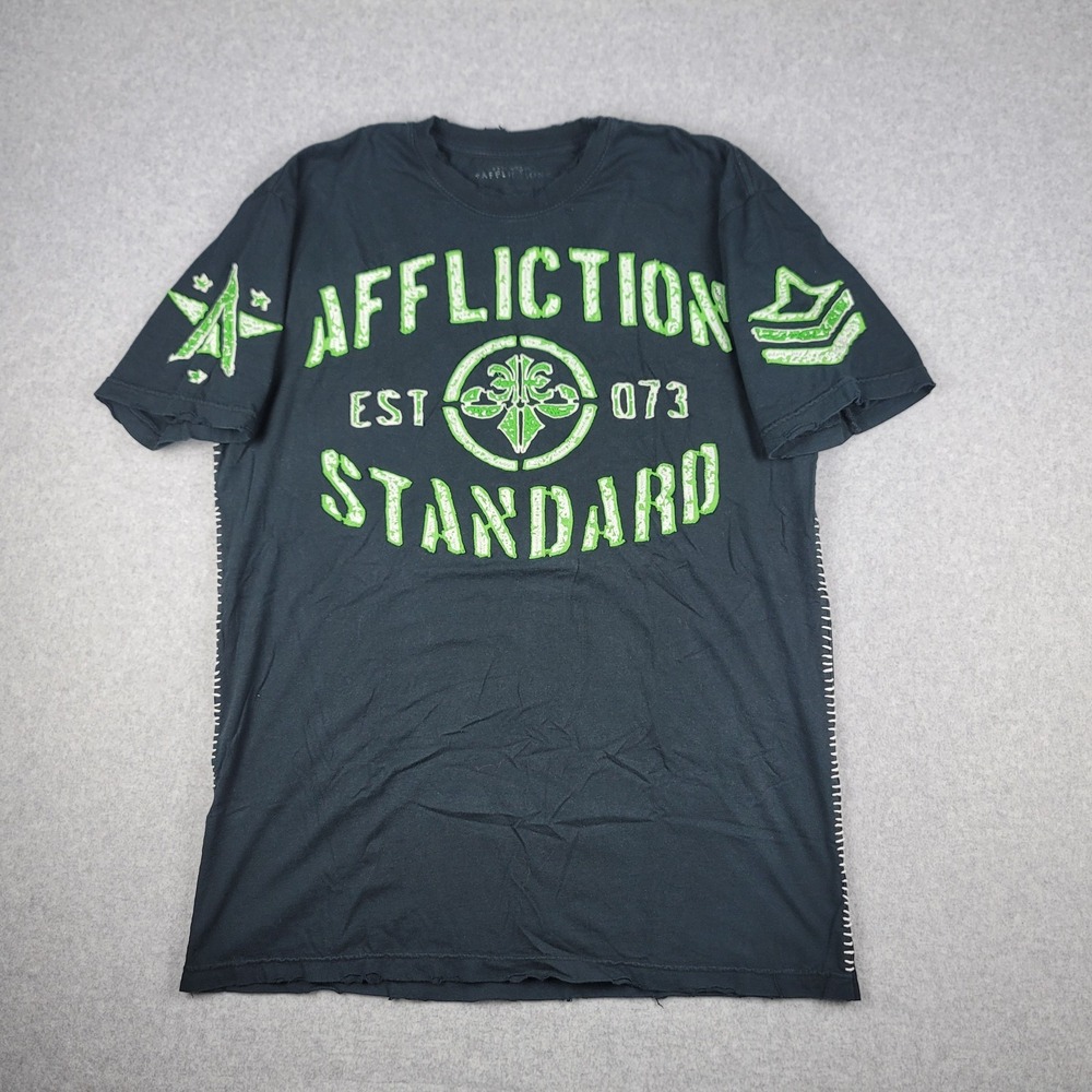 VTG Affliction Standard Goods T-shirt Black Mens LRG Distressed Y2K Double Sided
